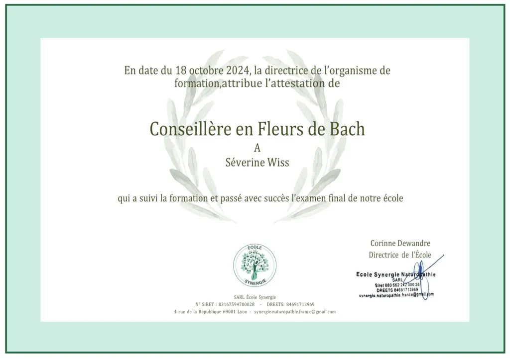 Certificat de Conseillère en Fleurs de Bach de Séverine Wiss