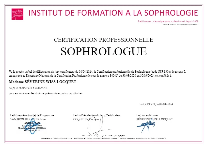 Diplôme de sophrologue de Séverine Wiss